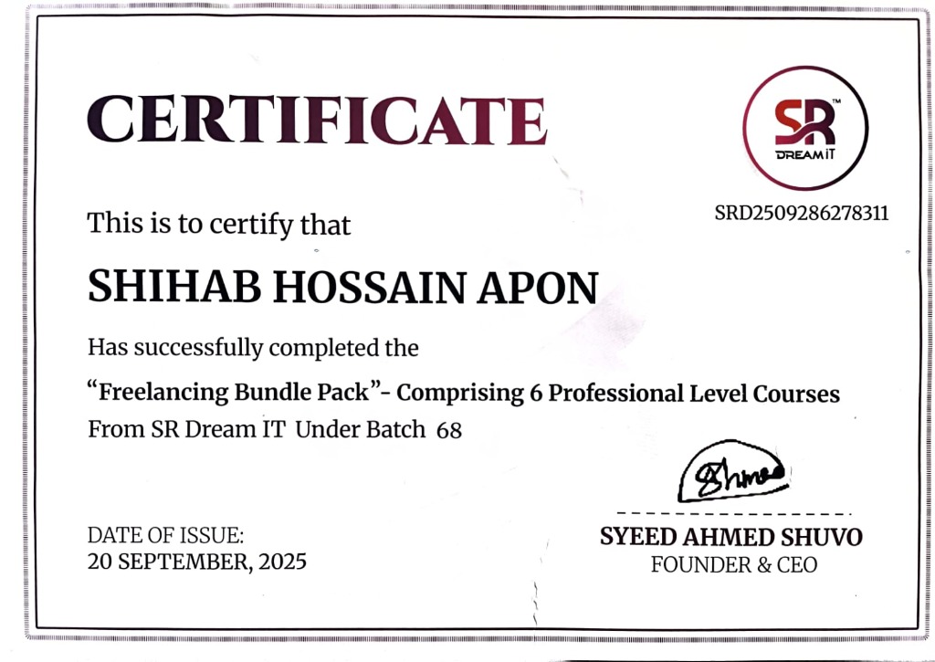 Shihab Hossain Apon Certificate - SR Dream IT